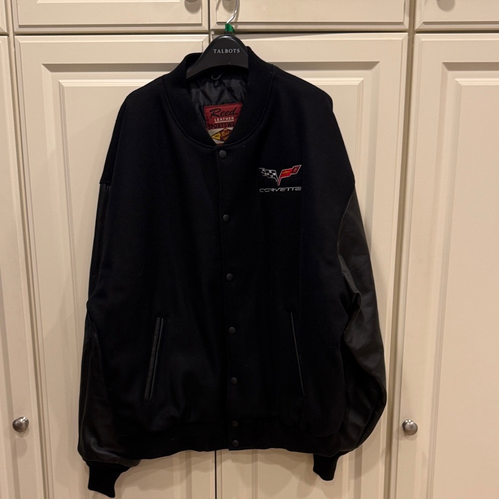 Black Men's Bomber Varsity Jacket with leather sleeves and trim.